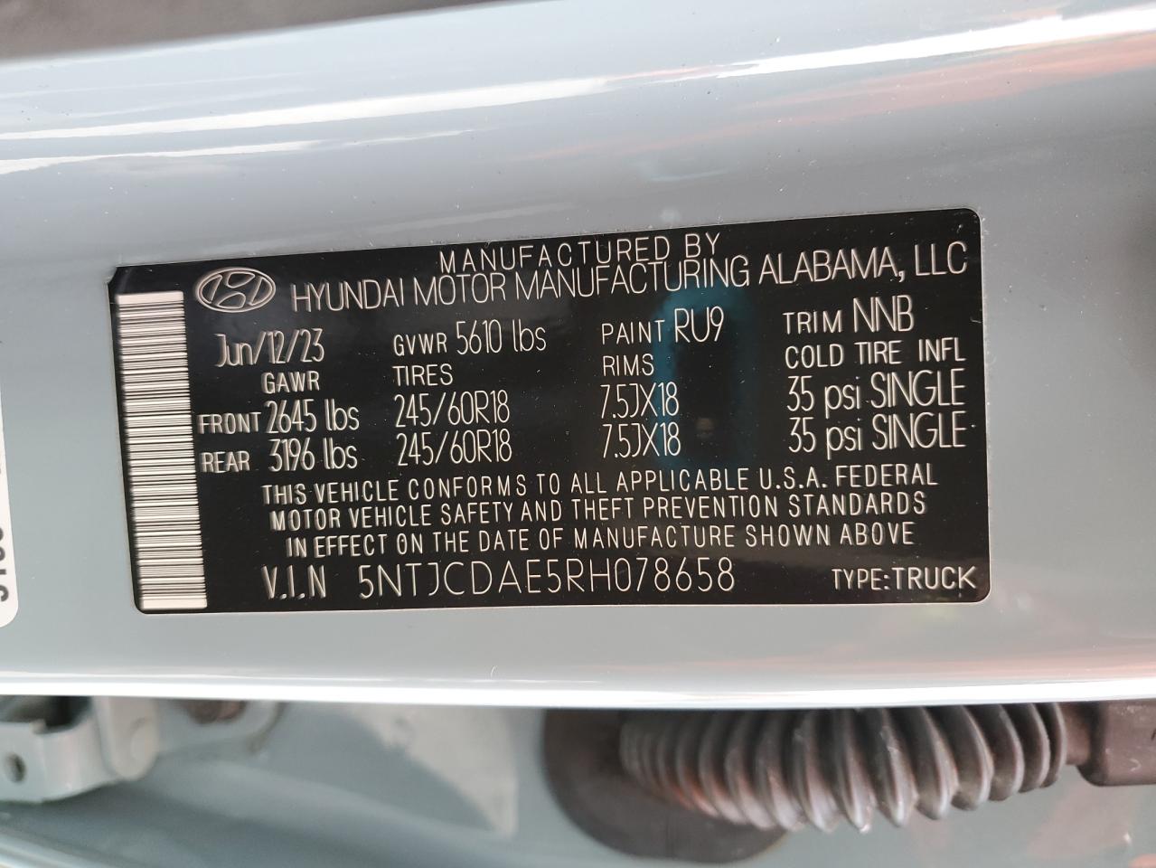 2024 Hyundai Santa Cruz Sel VIN: 5NTJCDAE5RH078658 Lot: 93118255