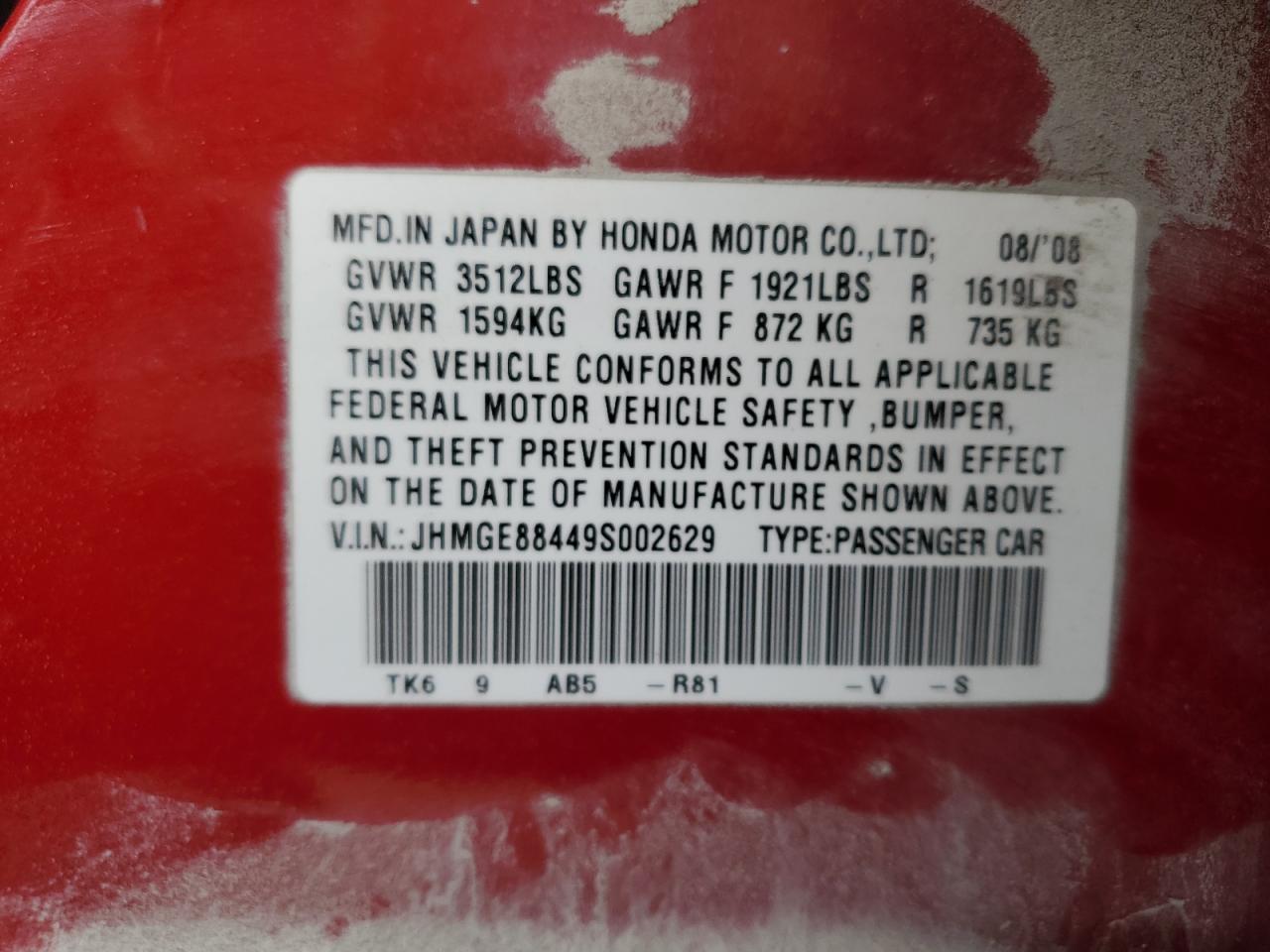 2009 Honda Fit Sport VIN: JHMGE88449S002629 Lot: 91810815