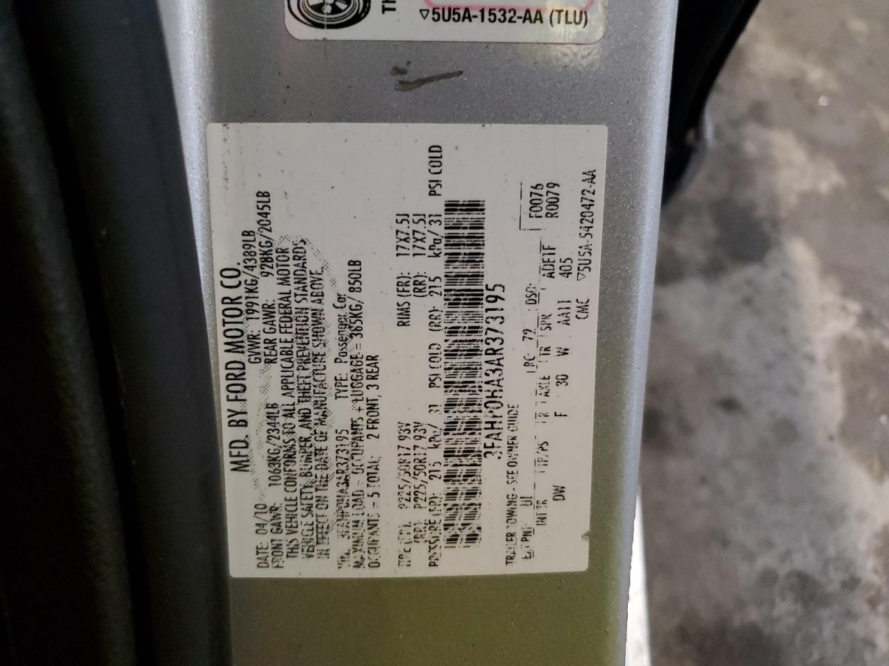 2010 Ford Fusion Se VIN: 3FAHP0HA3AR373195 Lot: 90939865