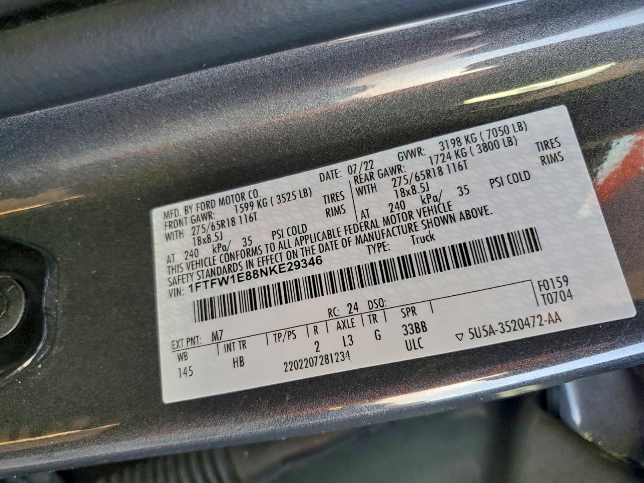 2022 Ford F150 Supercrew VIN: 1FTFW1E88NKE29346 Lot: 94277045