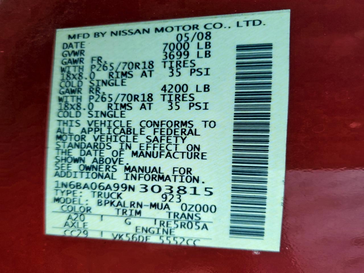 2009 Nissan Titan Xe VIN: 1N6BA06A99N303815 Lot: 94760835