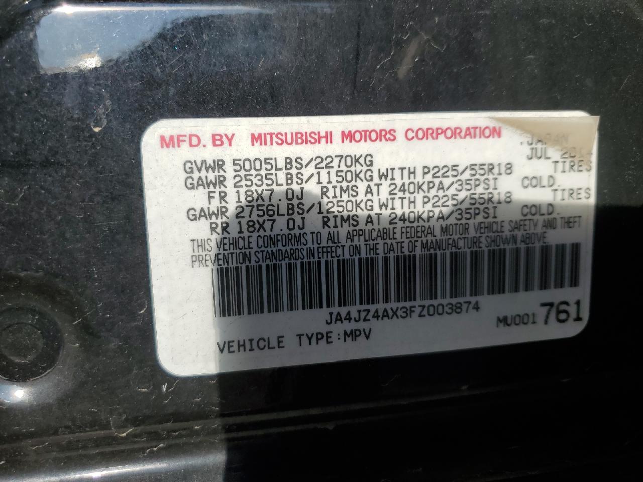 2015 Mitsubishi Outlander Gt VIN: JA4JZ4AX3FZ003874 Lot: 91514415