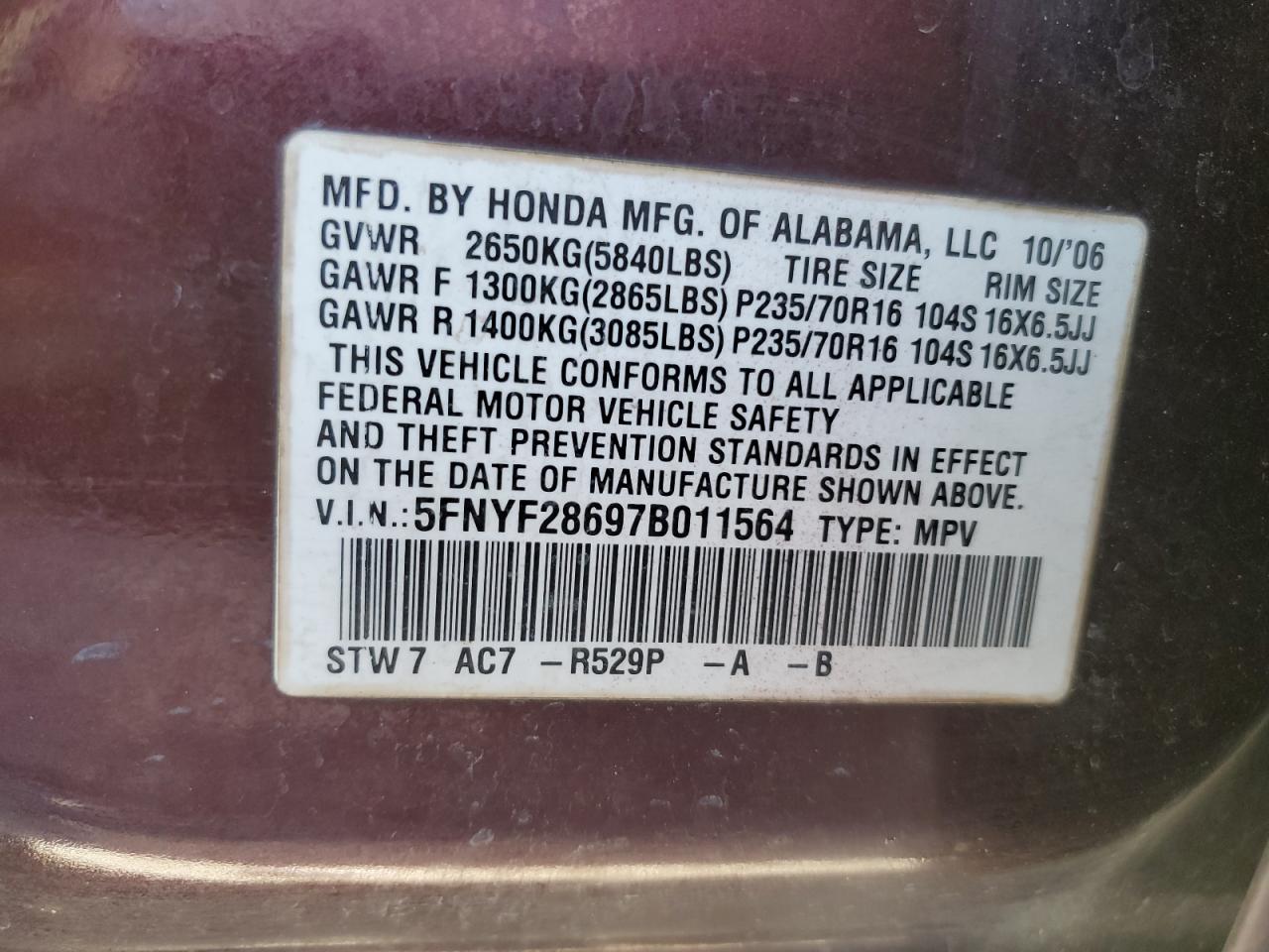 2007 Honda Pilot Exl VIN: 5FNYF28697B011564 Lot: 92486105