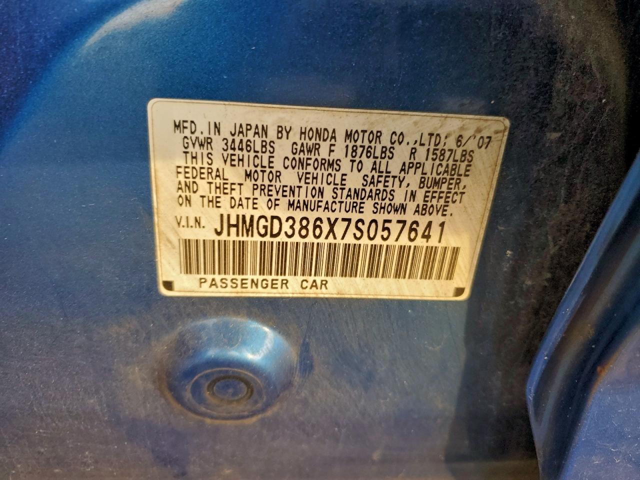 2007 Honda Fit S VIN: JHMGD386X7S057641 Lot: 93729265