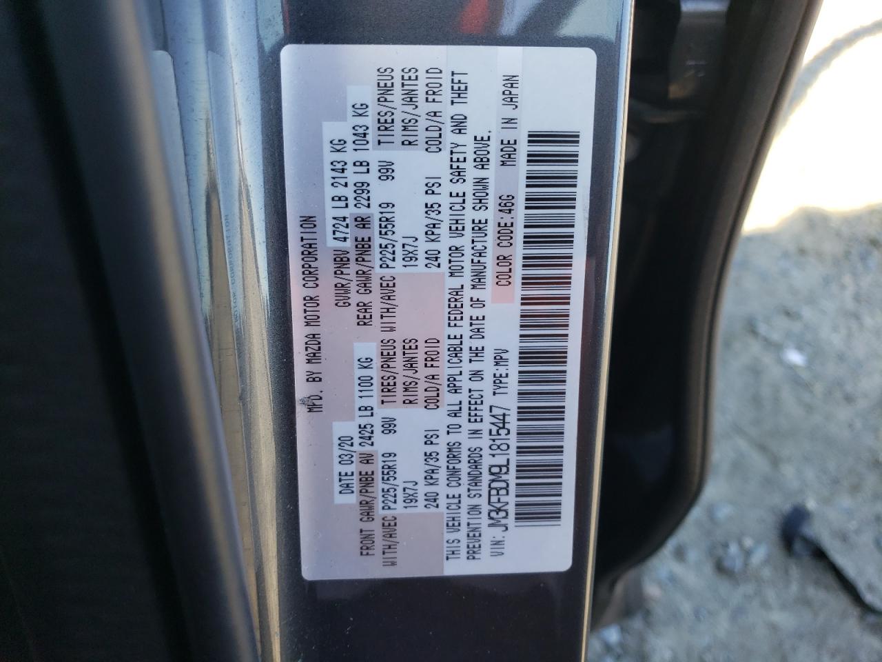 2020 Mazda Cx-5 Grand Touring VIN: JM3KFBDM9L1815447 Lot: 90889925