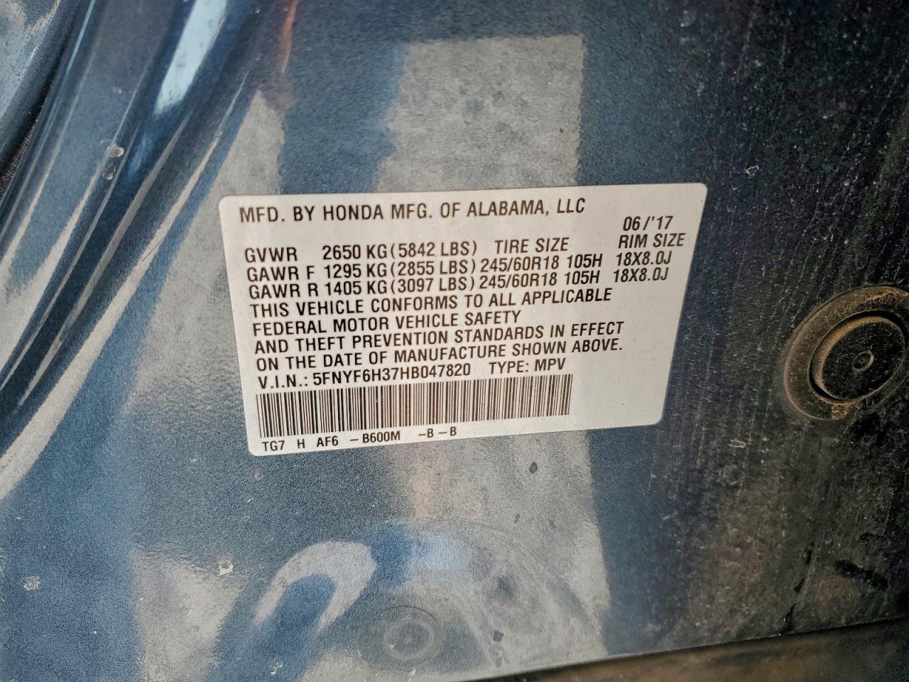 2017 Honda Pilot Ex VIN: 5FNYF6H37HB047820 Lot: 93269435