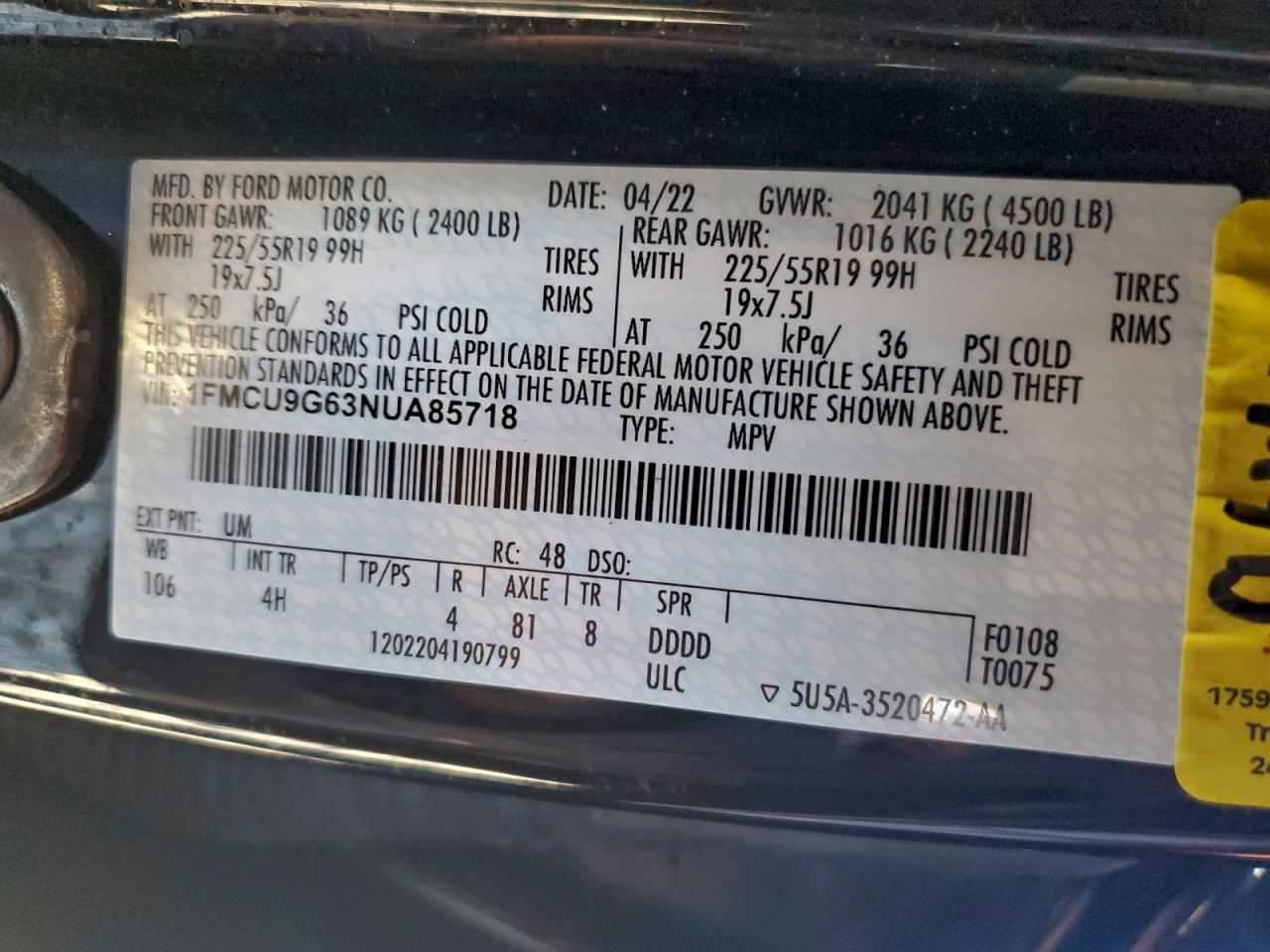 2022 Ford Escape Se VIN: 1FMCU9G63NUA85718 Lot: 93828445