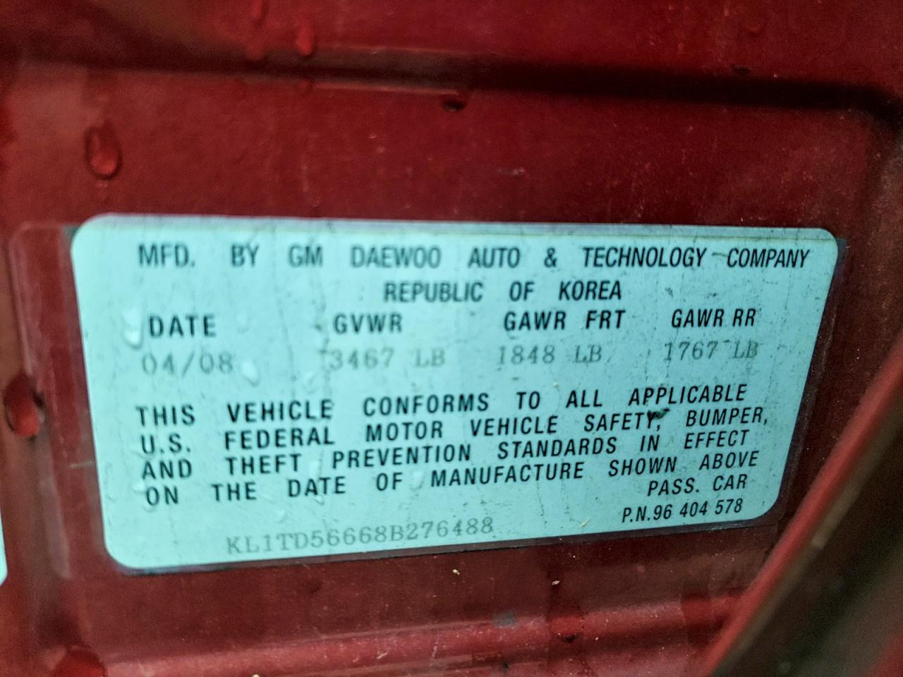 2008 Chevrolet Aveo Base VIN: KL1TD56668B276488 Lot: 94287775