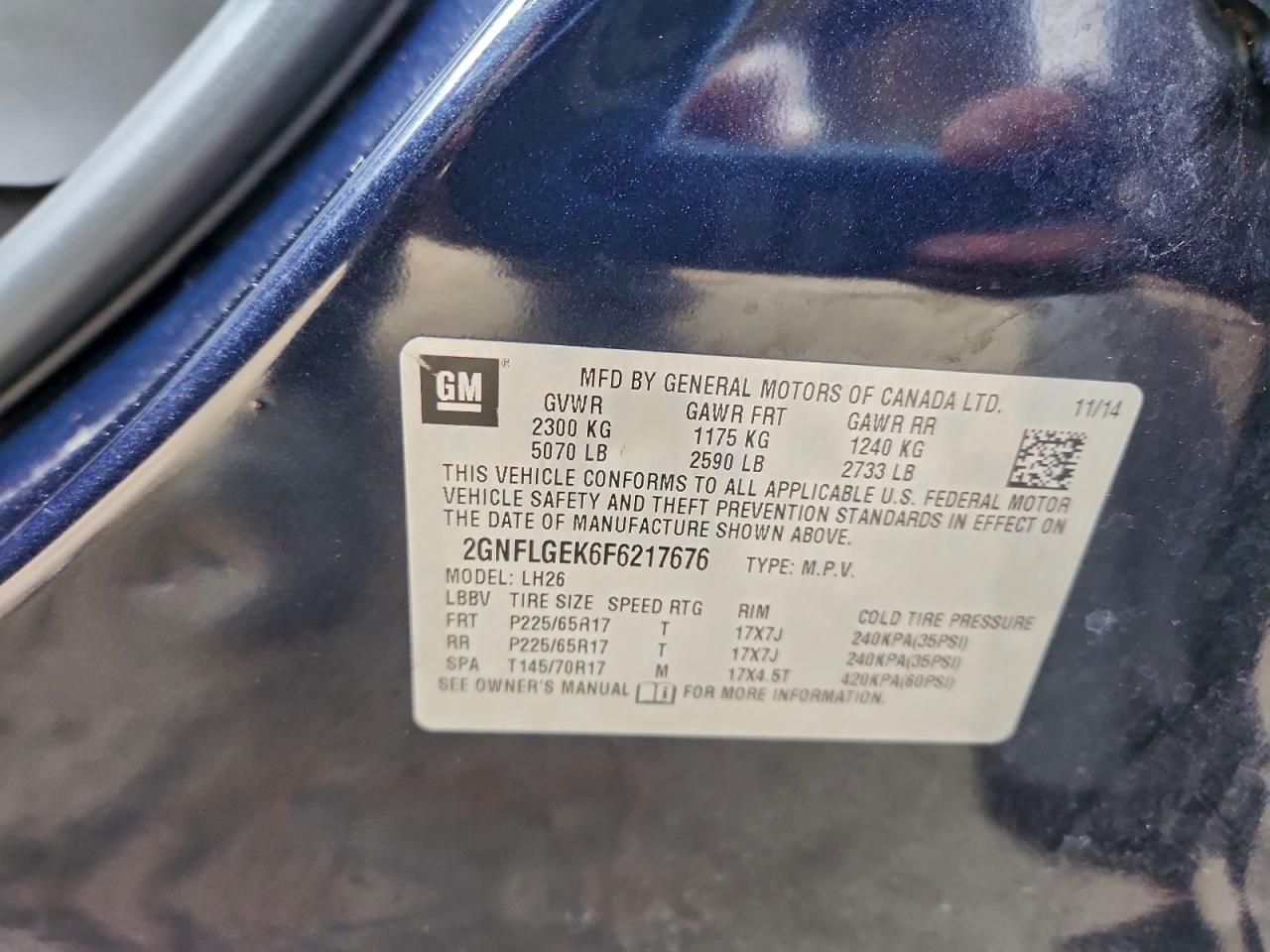 2015 Chevrolet Equinox Lt VIN: 2GNFLGEK6F6217676 Lot: 94193135