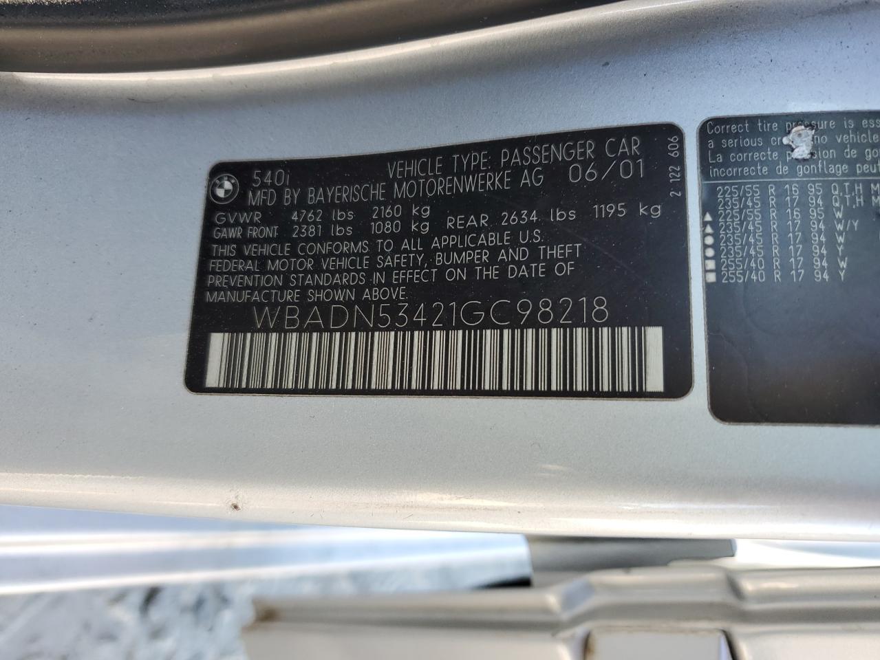 2001 BMW 540 I VIN: WBADN53421GC98218 Lot: 92431665