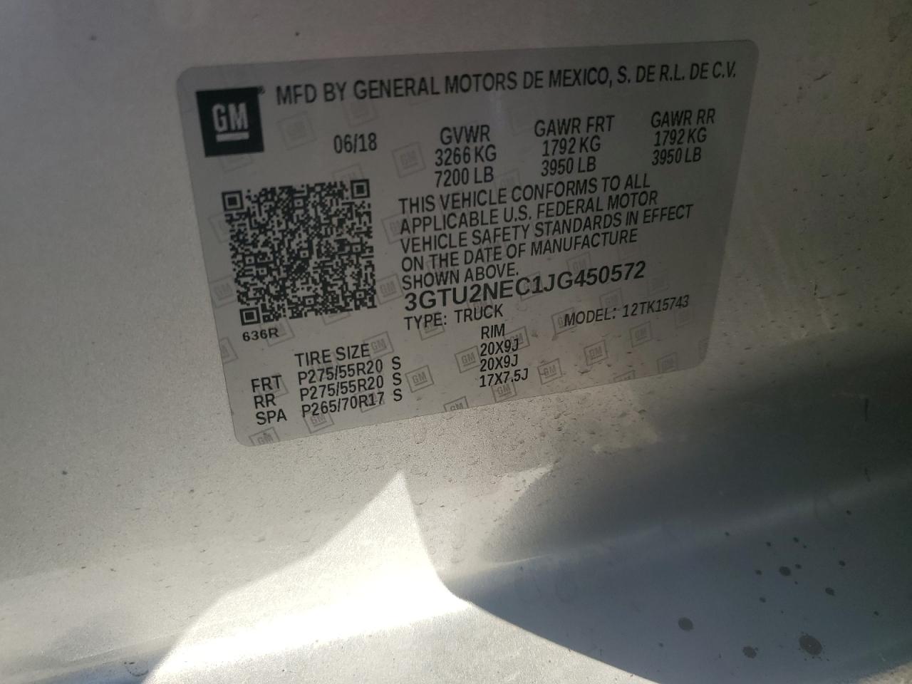 2018 GMC Sierra K1500 Slt VIN: 3GTU2NEC1JG450572 Lot: 91059095