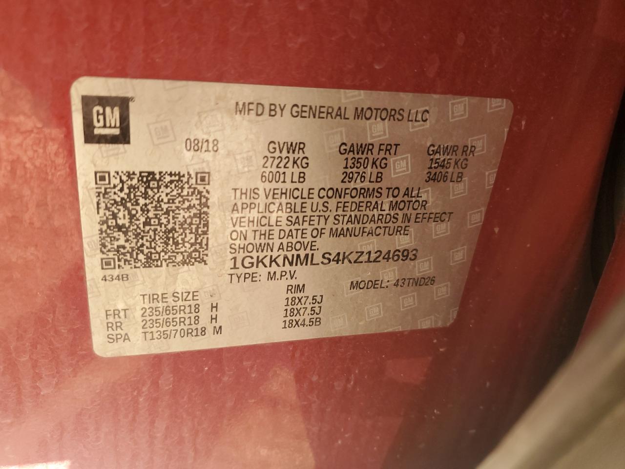 2019 GMC Acadia Slt-1 VIN: 1GKKNMLS4KZ124693 Lot: 89894045