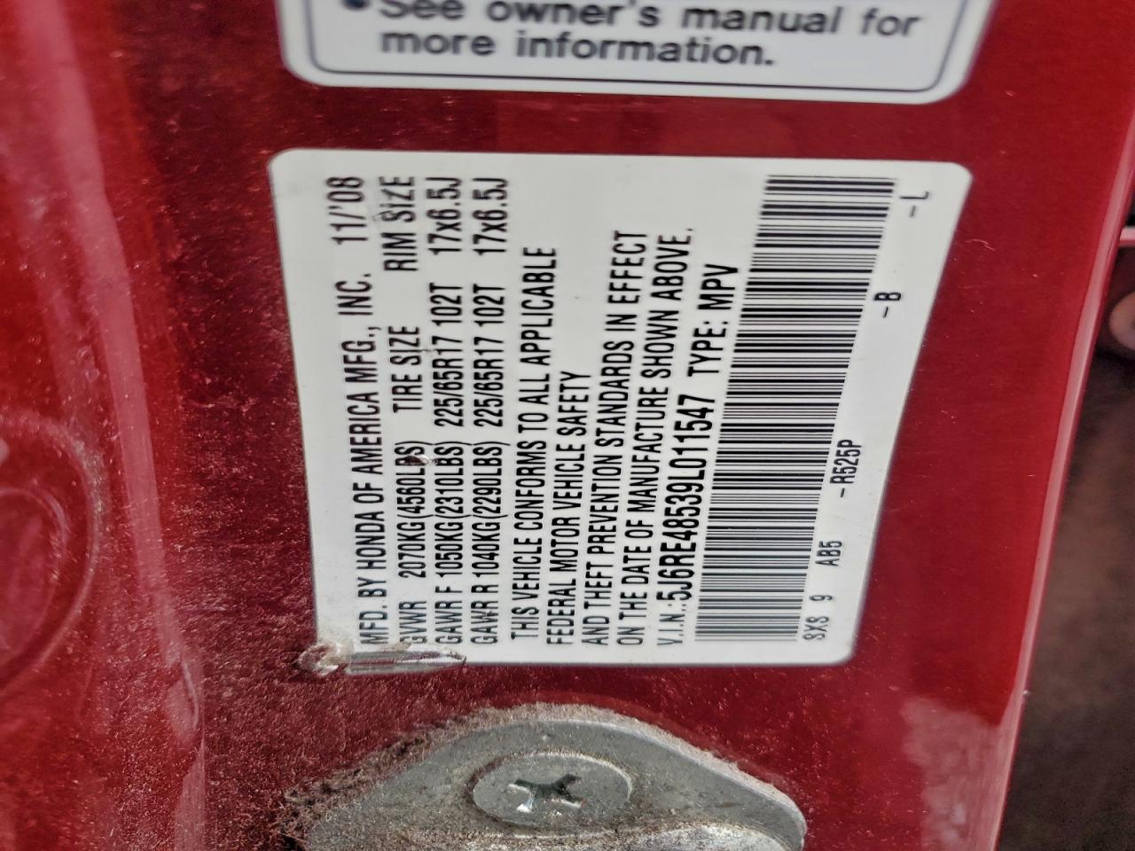 2009 Honda Cr-V Ex VIN: 5J6RE48539L011547 Lot: 92031565