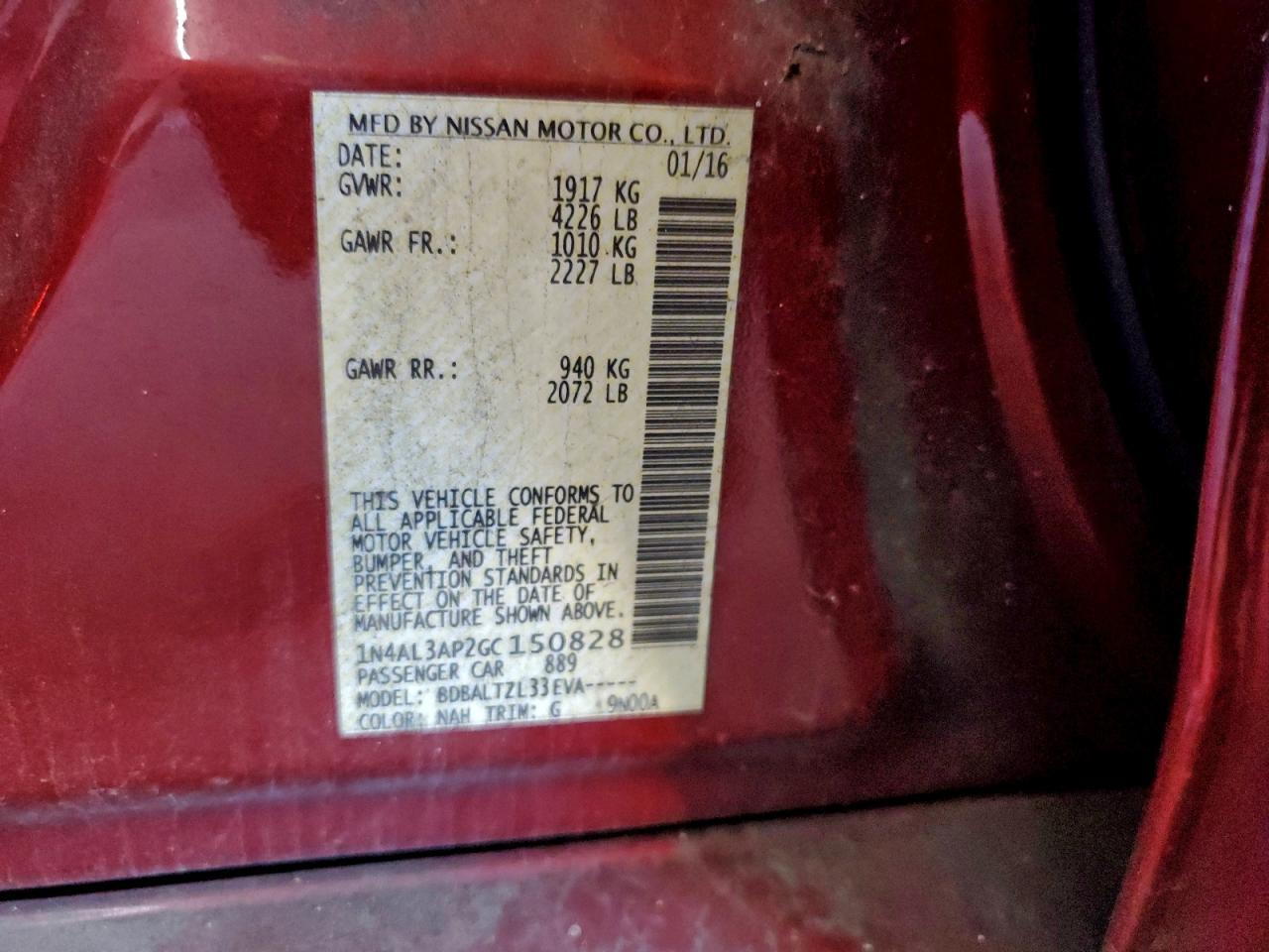 2016 Nissan Altima 2.5 VIN: 1N4AL3AP2GC150828 Lot: 94329365