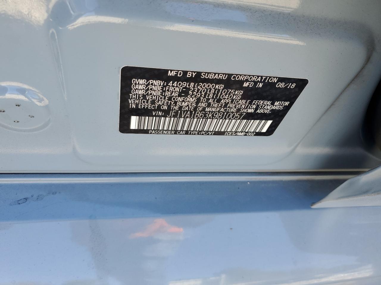 2019 Subaru Wrx Premium VIN: JF1VA1B63K9810057 Lot: 90510065