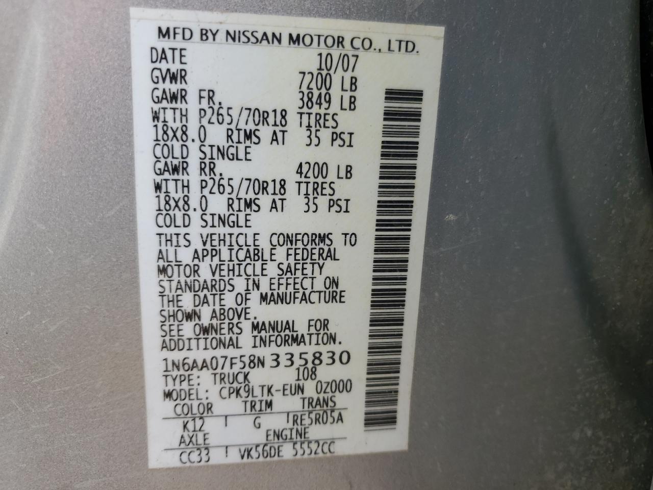 2008 Nissan Titan Xe VIN: 1N6AA07F58N335830 Lot: 92433075