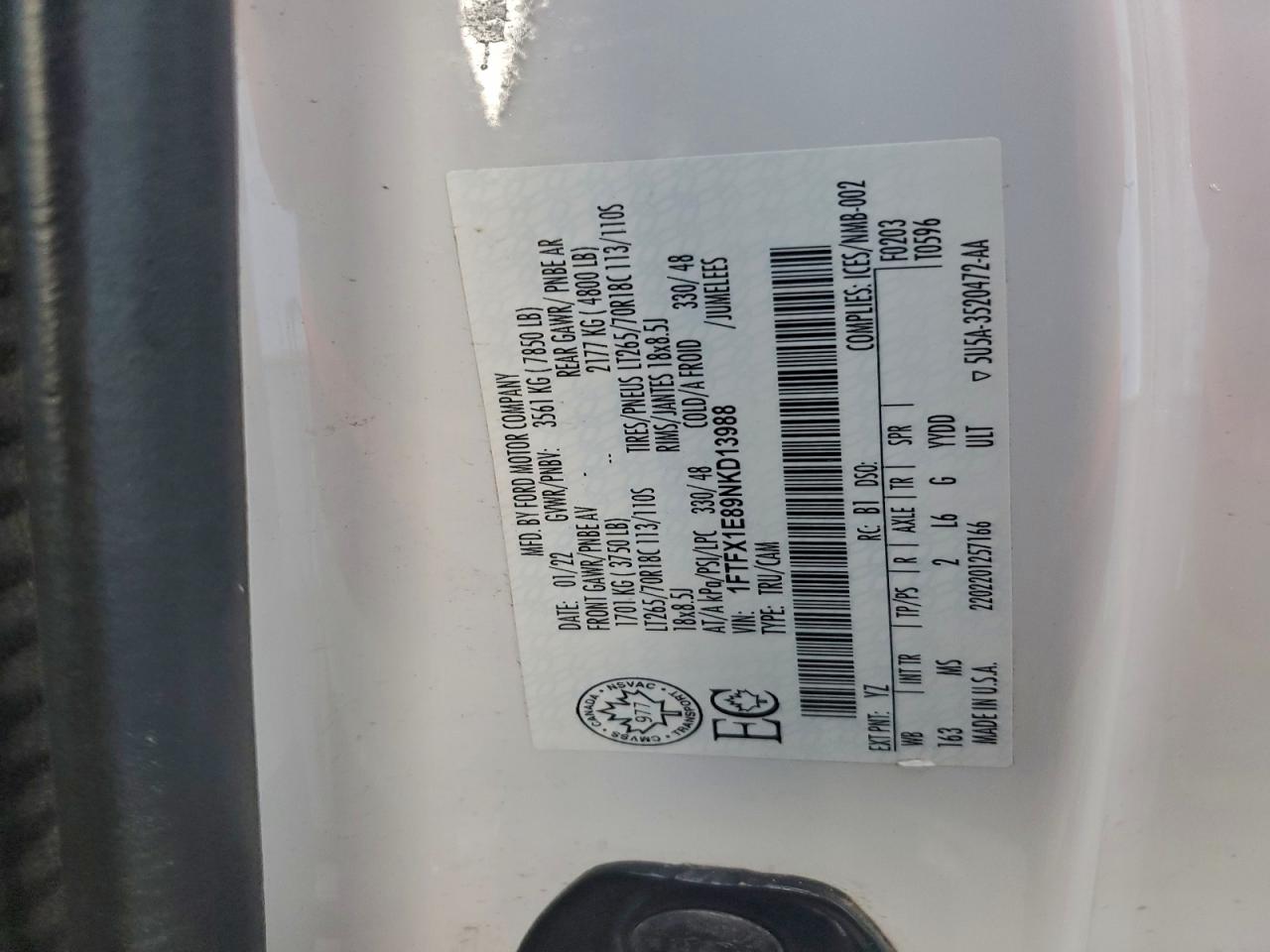 2022 Ford F150 Super Cab VIN: 1FTFX1E89NKD13988 Lot: 93877085