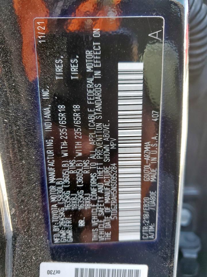 2022 Toyota Highlander Xle VIN: 5TDGZRAH5NS095284 Lot: 92506115