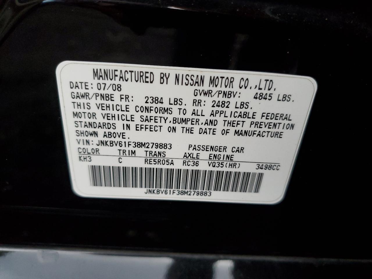 2008 Infiniti G35 VIN: JNKBV61F38M279883 Lot: 92828455