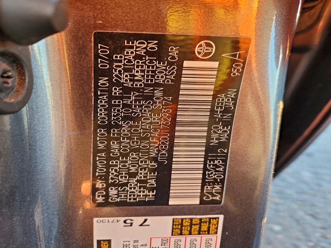 2007 Toyota Prius VIN: JTDKB20U173293174 Lot: 93968605