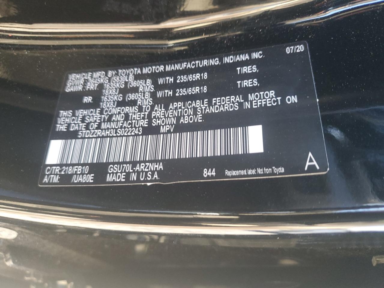 2020 Toyota Highlander L VIN: 5TDZZRAH3LS022243 Lot: 90332955