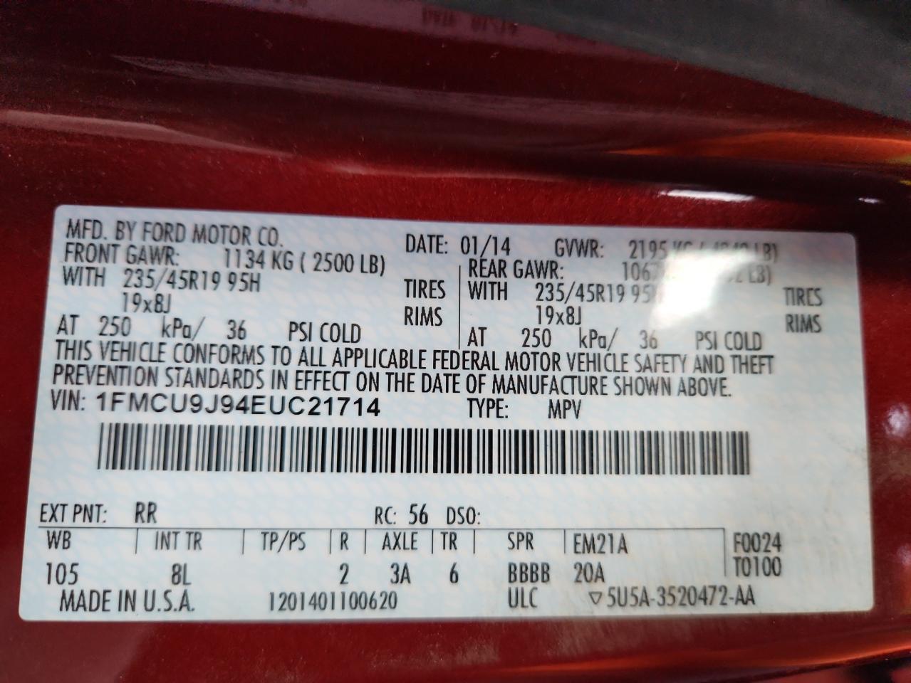 2014 Ford Escape Titanium VIN: 1FMCU9J94EUC21714 Lot: 93120655