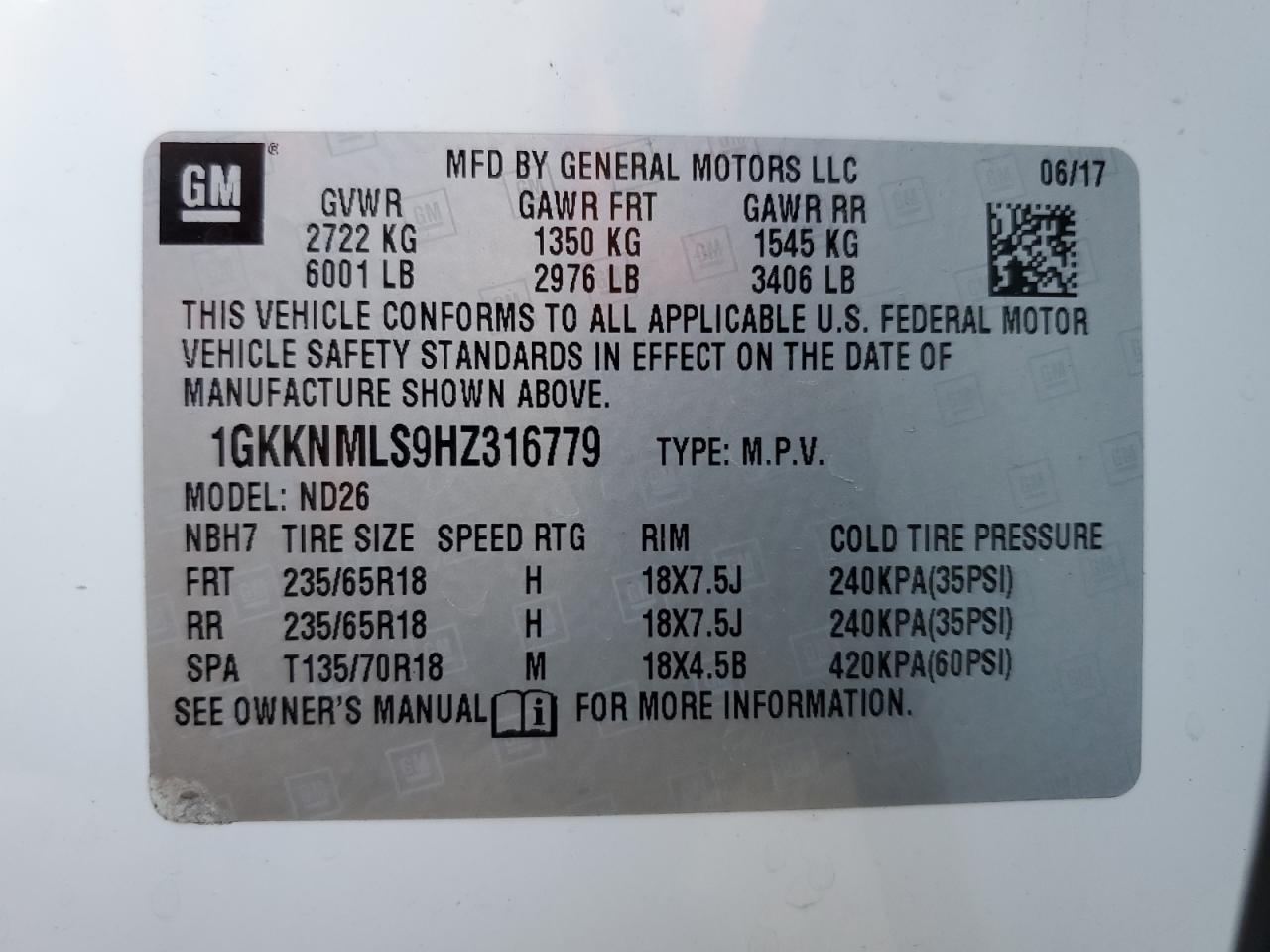 2017 GMC Acadia Slt-1 VIN: 1GKKNMLS9HZ316779 Lot: 90748385