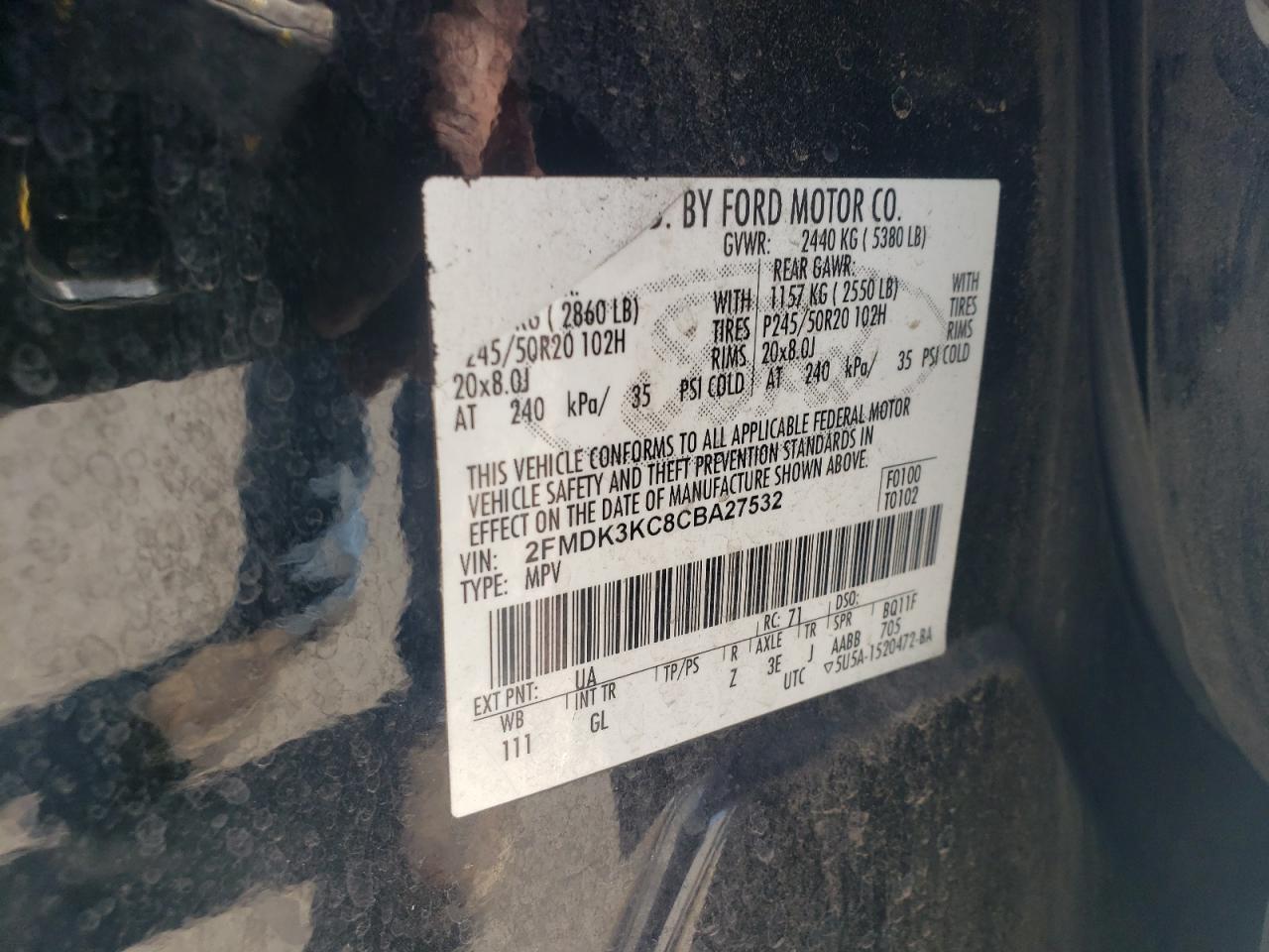 2012 Ford Edge Limited VIN: 2FMDK3KC8CBA27532 Lot: 93011165