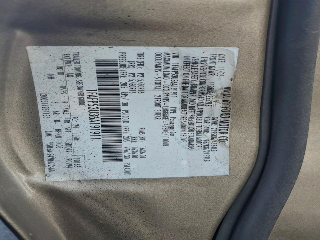 2006 Ford Taurus Se VIN: 1FAFP53U36A191911 Lot: 93958535