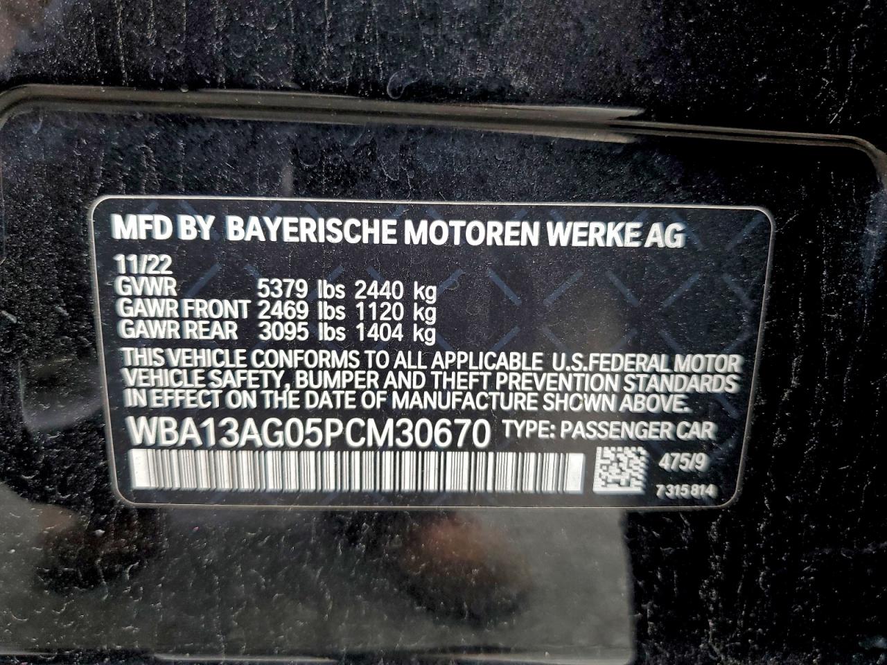 2023 BMW 530E VIN: WBA13AG05PCM30670 Lot: 93895625