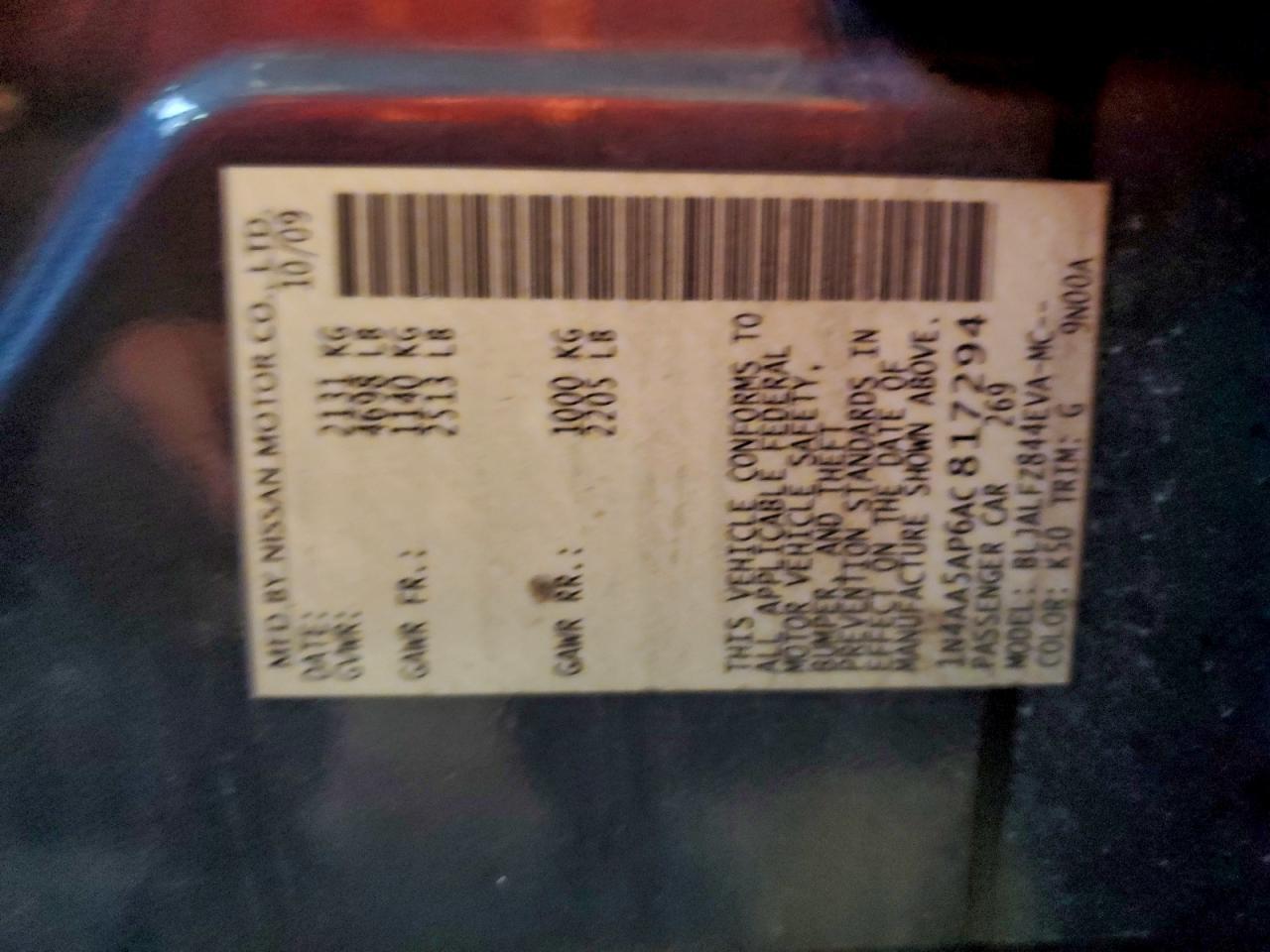 2010 Nissan Maxima S VIN: 1N4AA5AP6AC817294 Lot: 93632185