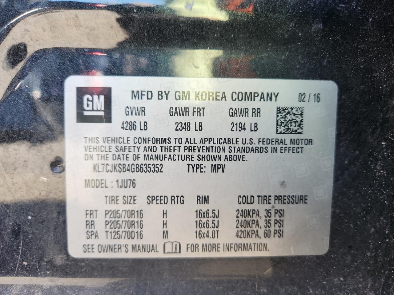 2016 Chevrolet Trax Ls VIN: KL7CJKSB4GB635352 Lot: 93003935