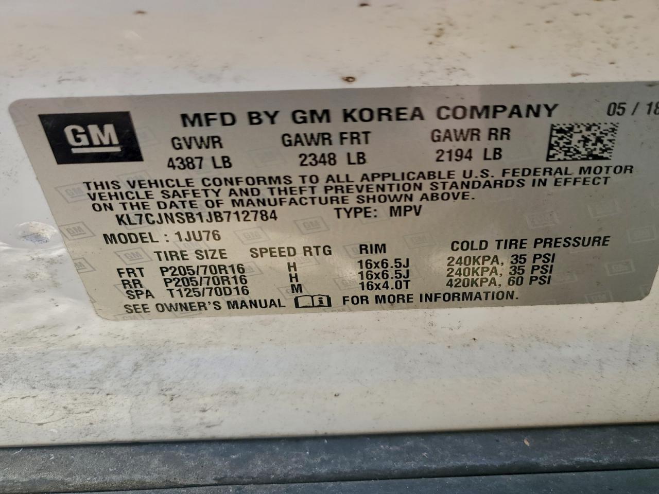 2018 Chevrolet Trax Ls VIN: KL7CJNSB1JB712784 Lot: 93236185