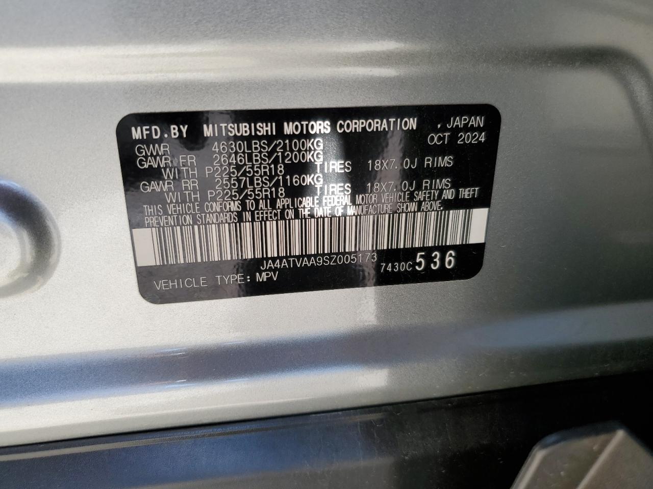 2025 Mitsubishi Eclipse Cross Le VIN: JA4ATVAA9SZ005173 Lot: 91605465