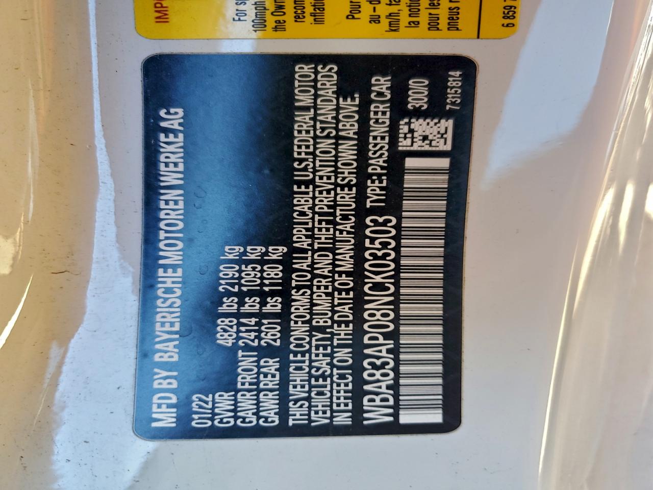 2022 BMW M440I VIN: WBA83AP08NCK03503 Lot: 93886315