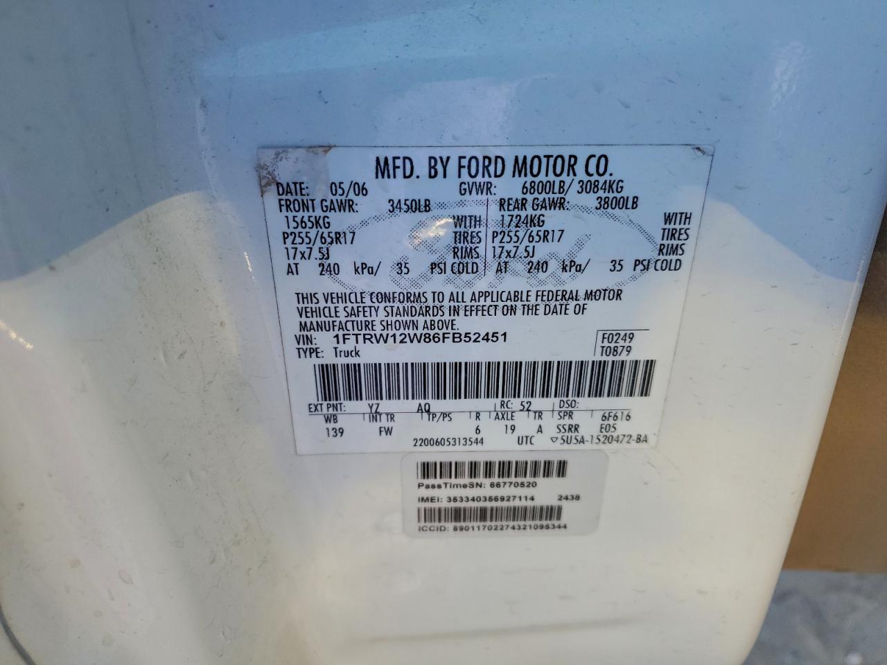 2006 Ford F150 Supercrew VIN: 1FTRW12W86FB52451 Lot: 91968155