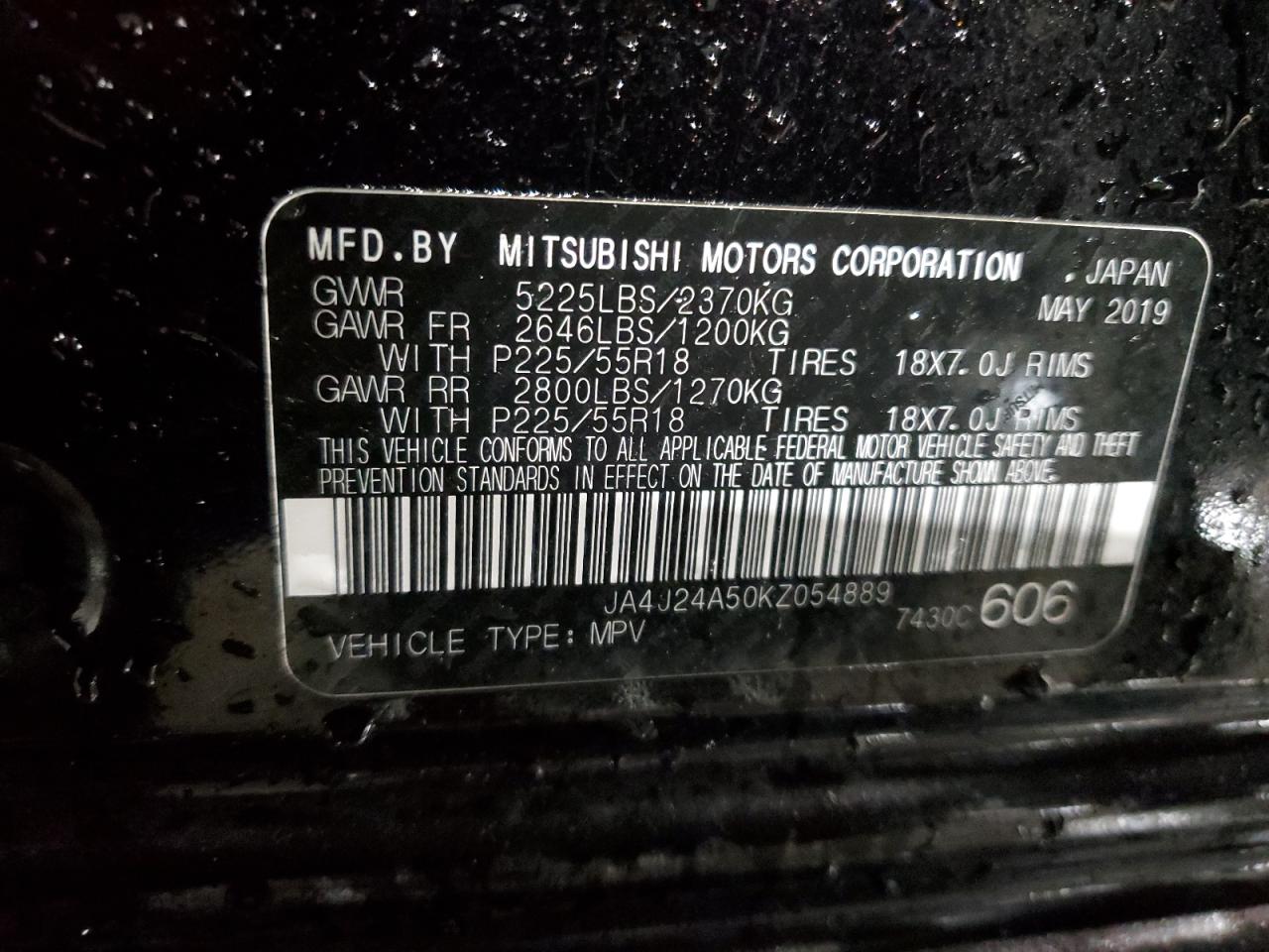 2019 Mitsubishi Outlander Sel VIN: JA4J24A50KZ054889 Lot: 91429535