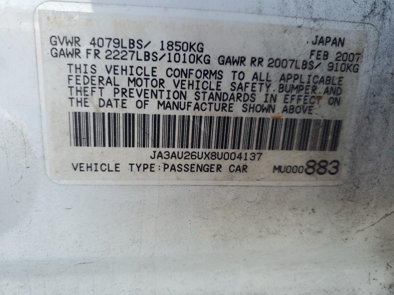 2008 Mitsubishi Lancer Es VIN: JA3AU26UX8U004137 Lot: 93239365