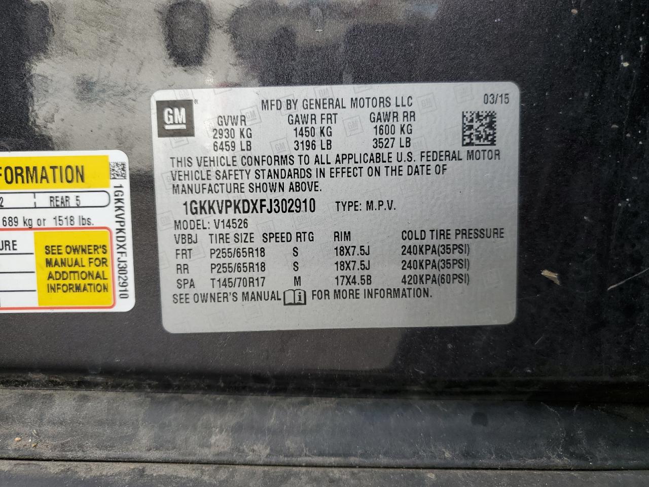 2015 GMC Acadia Sle VIN: 1GKKVPKDXFJ302910 Lot: 92834455