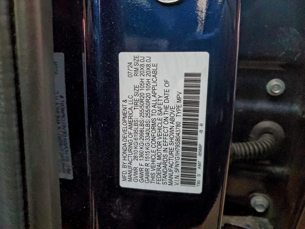 2025 Honda Pilot Touring VIN: 5FNYG1H79SB043780 Lot: 94504075