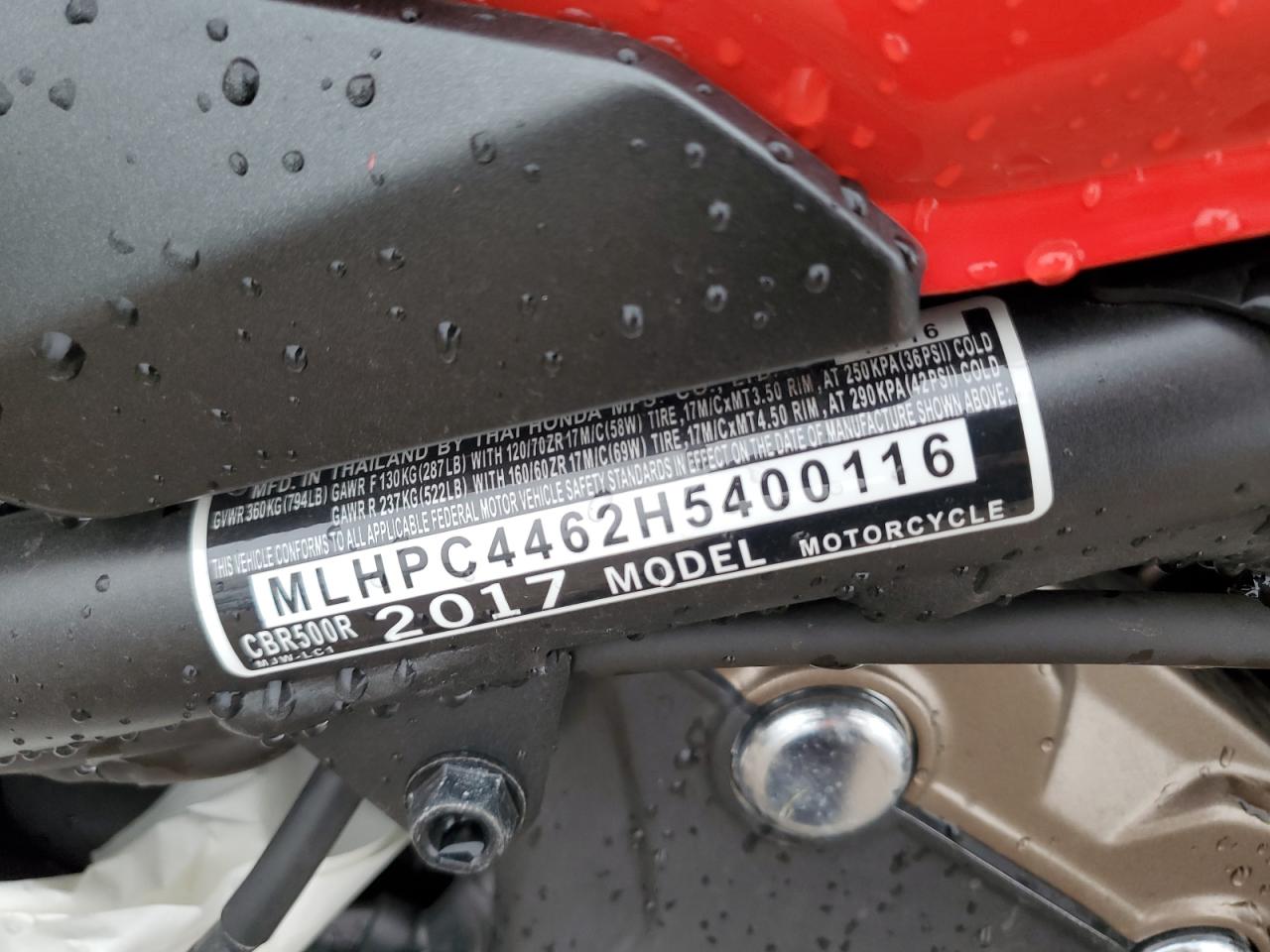 2017 Honda Cbr500 R VIN: MLHPC4462H5400116 Lot: 93085155