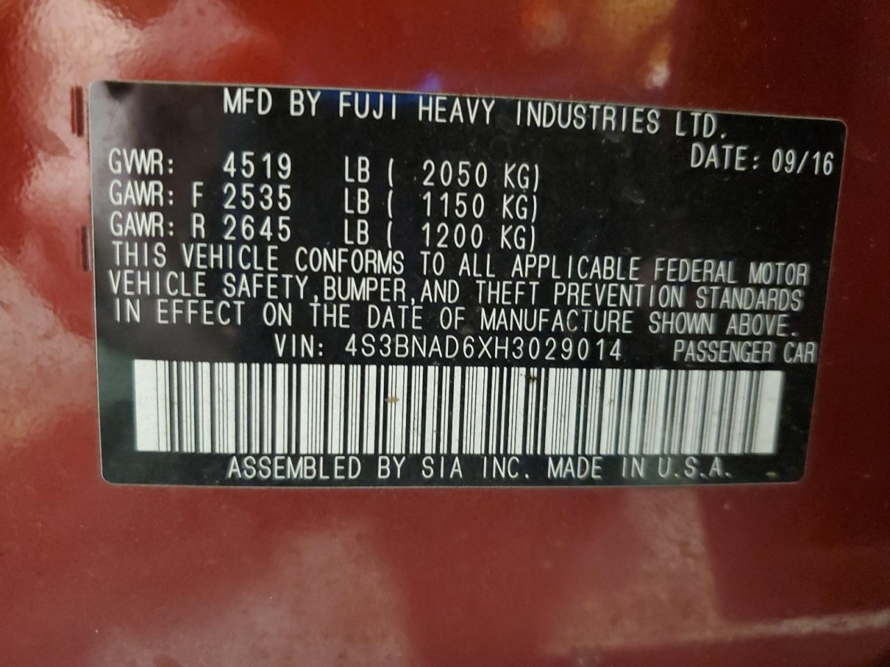 2017 Subaru Legacy 2.5I Premium VIN: 4S3BNAD6XH3029014 Lot: 92321665