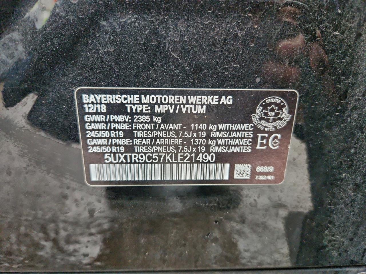 2019 BMW X3 xDrive30I VIN: 5UXTR9C57KLE21490 Lot: 94355965