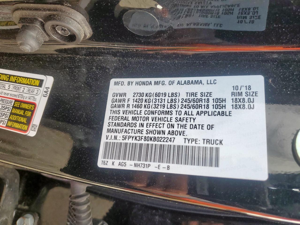 2019 Honda Ridgeline Black Edition VIN: 5FPYK3F80KB022247 Lot: 93239775