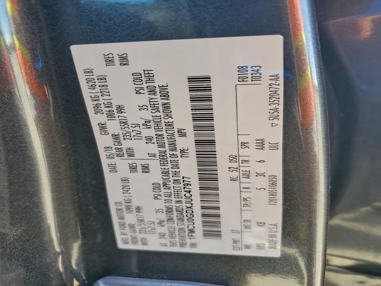 2018 Ford Escape Se VIN: 1FMCU0GDXJUC47977 Lot: 93771305