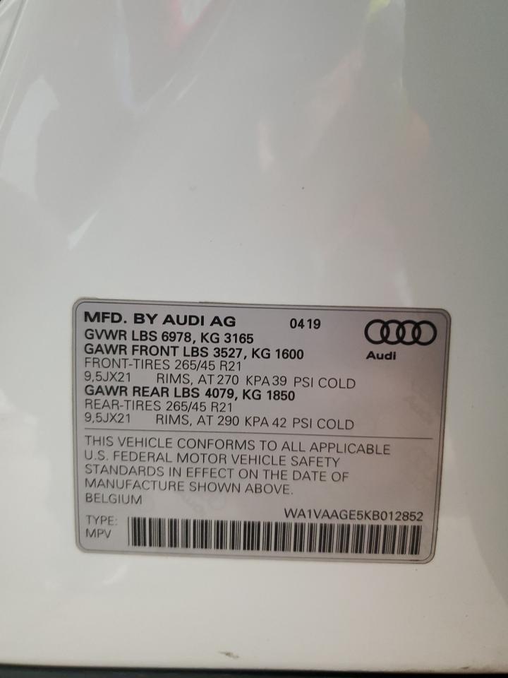 2019 Audi E-Tron Prestige VIN: WA1VAAGE5KB012852 Lot: 92727605
