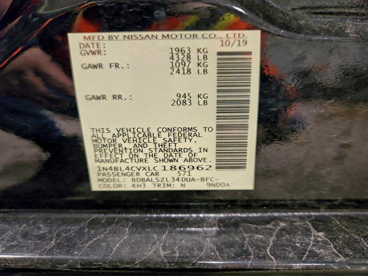 2020 Nissan Altima Sr VIN: 1N4BL4CVXLC186962 Lot: 93941325