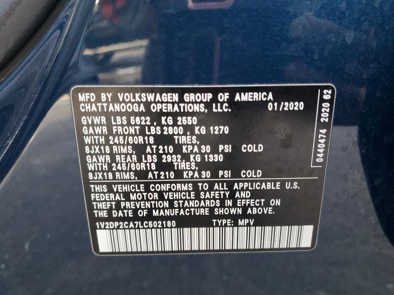 2020 Volkswagen Atlas Se VIN: 1V2DP2CA7LC502180 Lot: 93470105