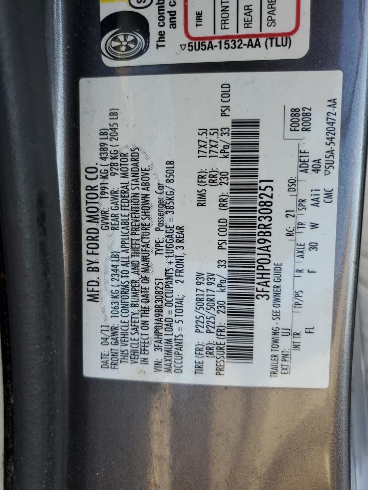 2011 Ford Fusion Sel VIN: 3FAHP0JA9BR308251 Lot: 92921255