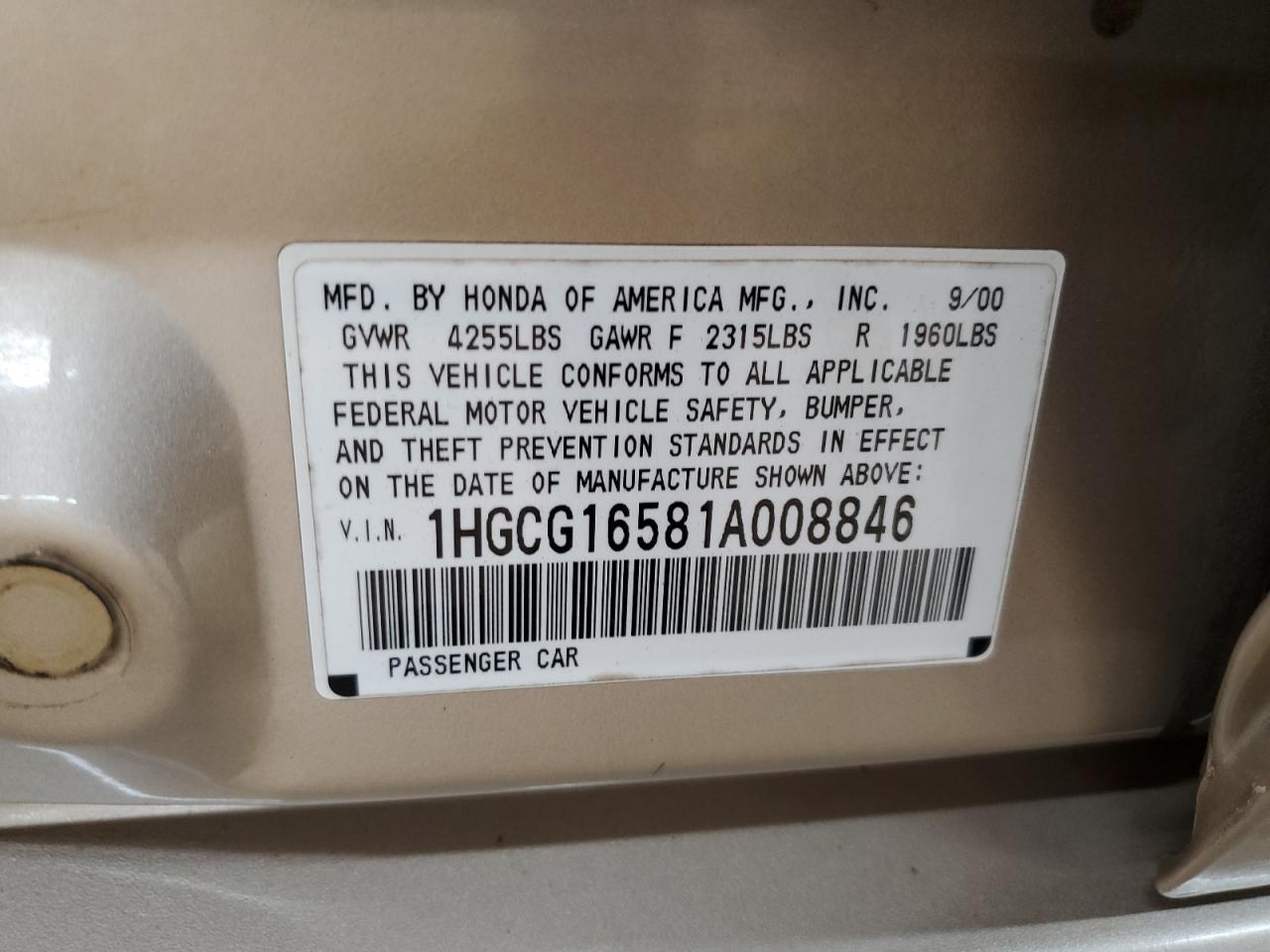 2001 Honda Accord Ex VIN: 1HGCG16581A008846 Lot: 93541585